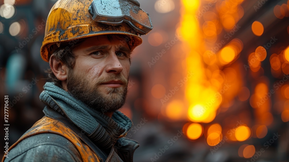 Worker with Safety Helmet at Steel Mill Fiery Furnace Generative AI Worker with Safety Helmet at Steel Mill Fiery Furnace Generative AI