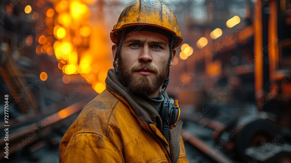 Worker with Safety Helmet at Steel Mill Fiery Furnace Generative AI Worker with Safety Helmet at Steel Mill Fiery Furnace Generative AI