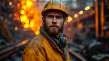 Worker with Safety Helmet at Steel Mill Fiery Furnace Generative AI