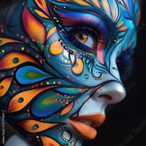 Creative female face painting by a real makeup artist. Using bright colors on a beautiful woman. Make-up Generative AI