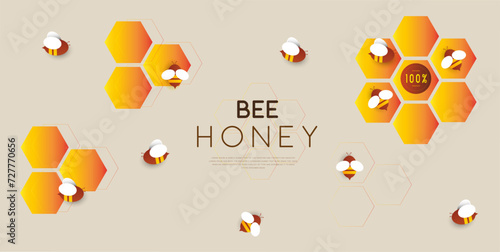 Hexagon Grid with Bees. Abstract Geometric Background for Advertising, Web, Poster, Social Media, Banner, Cover. Vector illustration 