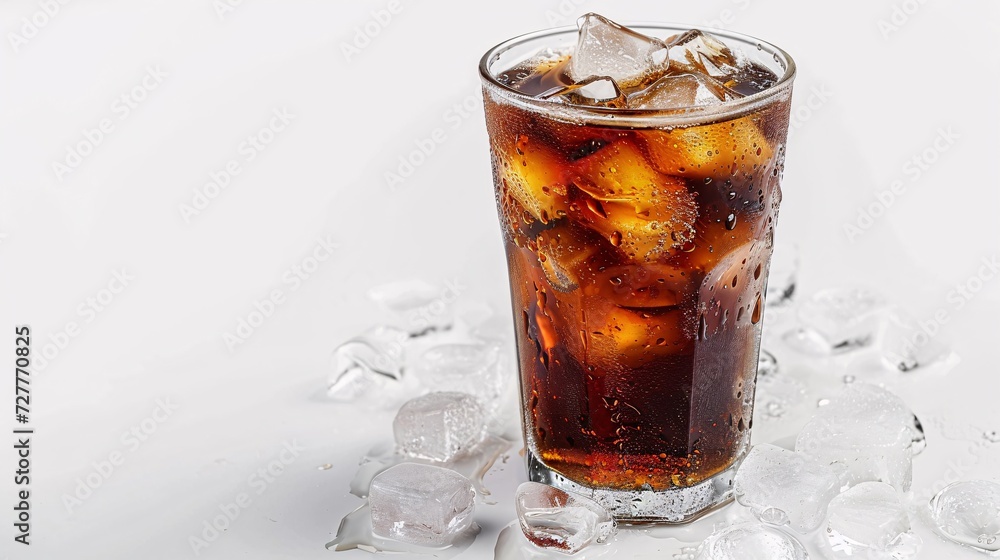 A chilled glass of cola with ice cubes on a white background. A chilled glass of cola with ice cubes on a white background.