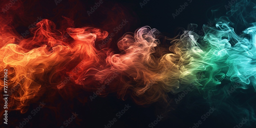 Vibrant multicolored smoke on a dark backdrop, featuring shades of red, green, and brown.