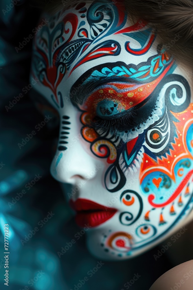 Creative female face painting by a real makeup artist. Using bright colors on a beautiful woman. Make-up Generative AI