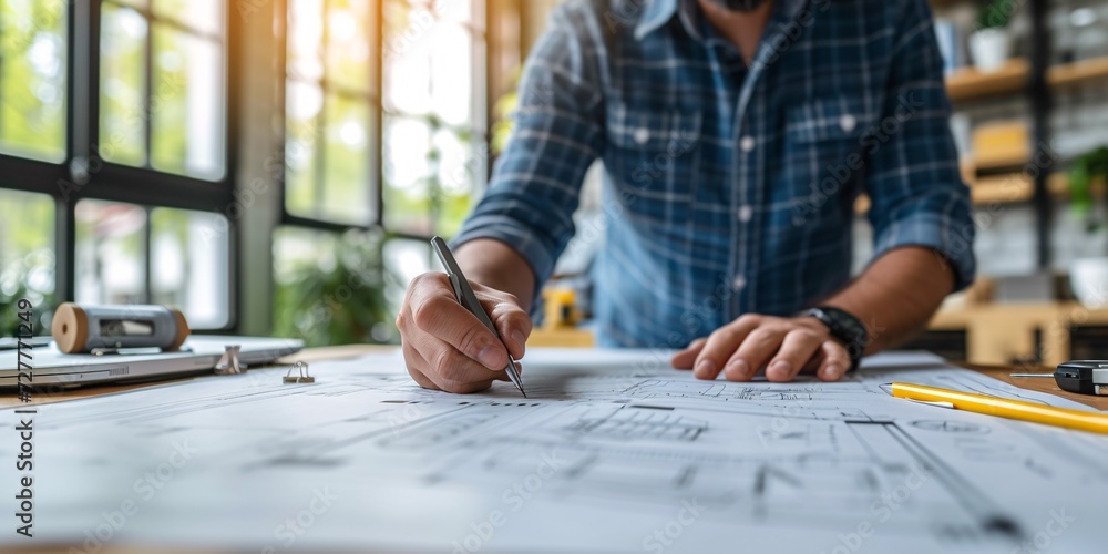Designer creating blueprints at desk in workplace. Designer creating blueprints at desk in workplace.