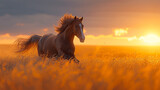 cavallo marrone al galoppo attraverso un campo, criniera che soffia nel vento, libertà, potere, tramonto sullo sfondo. spazio per testo