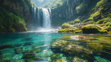 cascata impetuosa che si getta in una piscina naturale, acqua cristallina, rocce muschiose, vegetazione lussureggiante, 