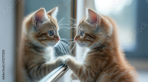 gattino che si guarda allo specchio timidamente ,  concetto di sicurezza in se stessi o insicurezza photo