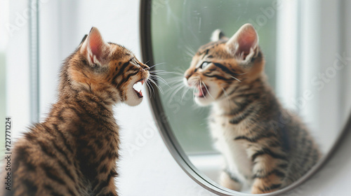 gattino che si guarda allo specchio e si sente come una tigre, concetto di sicurezza in se stessi o insicurezza photo