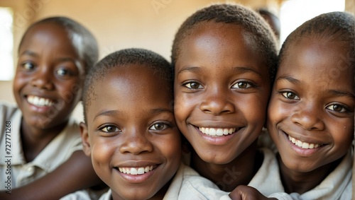 African children smiling, close-up portrait, happy young boys and girls, joyful friends together, kids' cheerful faces, group of smiling African kids, happiness in childhood, playful African youth.