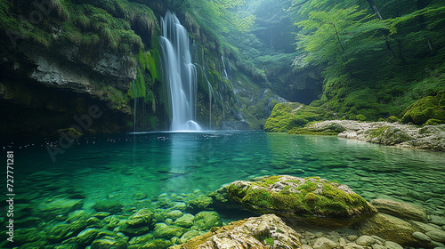 cascata impetuosa che si getta in una piscina naturale, acqua cristallina, rocce muschiose, vegetazione lussureggiante,  photo