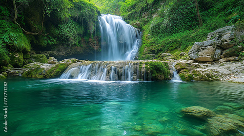 cascata impetuosa che si getta in una piscina naturale, acqua cristallina, rocce muschiose, vegetazione lussureggiante,   © garpinina