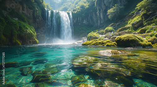 cascata impetuosa che si getta in una piscina naturale, acqua cristallina, rocce muschiose, vegetazione lussureggiante,  photo