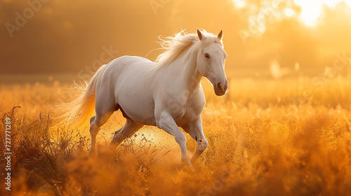 cavallo bianco al galoppo attraverso un campo, criniera che soffia nel vento, libertà, potere, tramonto sullo sfondo. spazio per testo