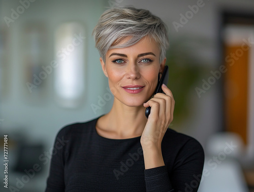 imprenditrice di successo con capelli corti, donna d'affari di mezza età sicura di sé che parla al telefono, in un ufficio, professionale, spazio per testo,  photo