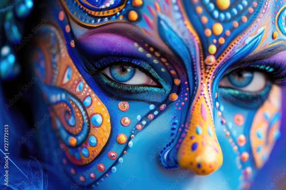 Creative female face painting by a real makeup artist. Using bright colors on a beautiful woman. Make-up Generative AI Creative female face painting by a real makeup artist. Using bright colors on a beautiful woman. Make-up Generative AI