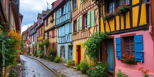 Vivid historic half-timbered houses in a charming French village. photo