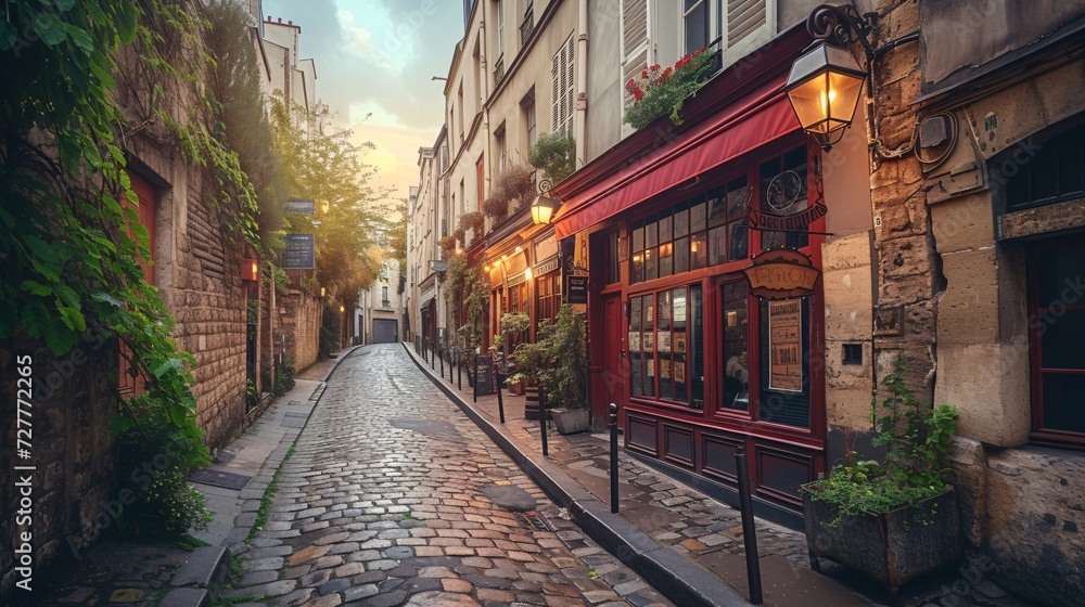 Charming Parisian neighborhood with beautiful buildings and iconic sights. Charming Parisian neighborhood with beautiful buildings and iconic sights.