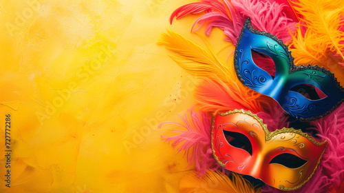 Mardi Gras background with empty copy space. banner with masquerade masks, confetti, feathers on yellow backdrop. Carnival. Purim. photo