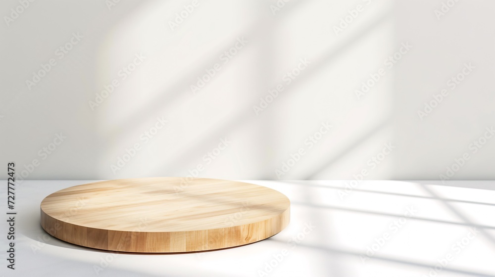 Clean and bright interior setting with a lovely circular wooden countertop, perfect for product display on a white backdrop.