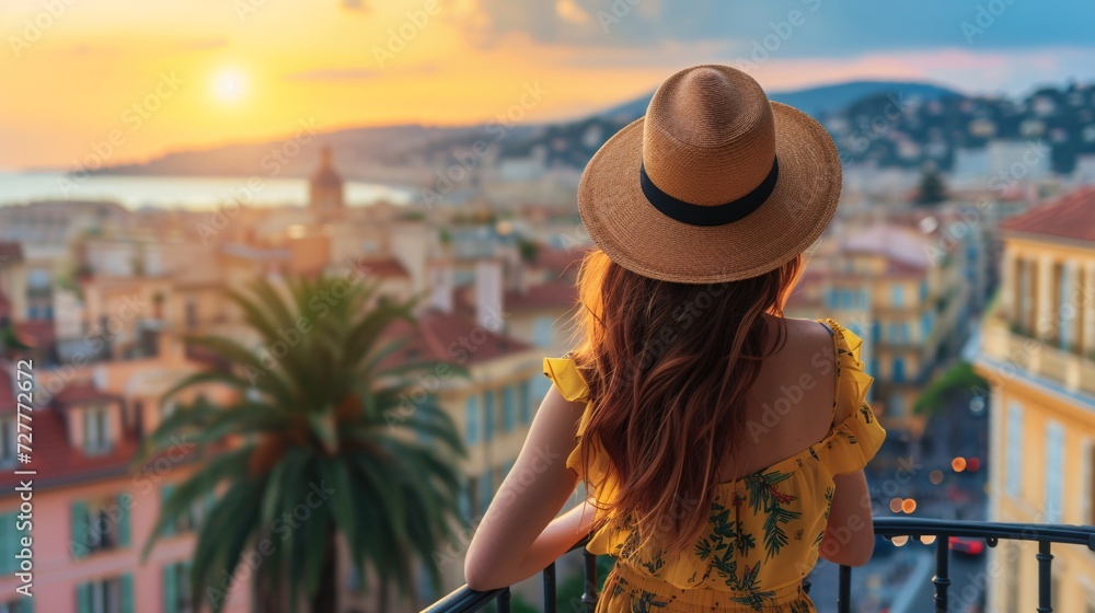 Gorgeous woman admiring cityscape while holding a hat on the French Riviera.