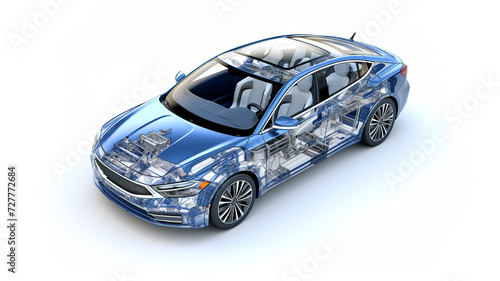 Transparent car showing internal mechanics and structure, highlighting the engine, chassis, and interior with a sleek blue design on a white background.Car manufacturing concept. AI generated.