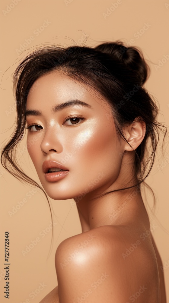 Close-up portrait of a young Asian woman showcasing natural makeup and a subtle smile on a beige background. Close-up portrait of a young Asian woman showcasing natural makeup and a subtle smile on a beige background.
