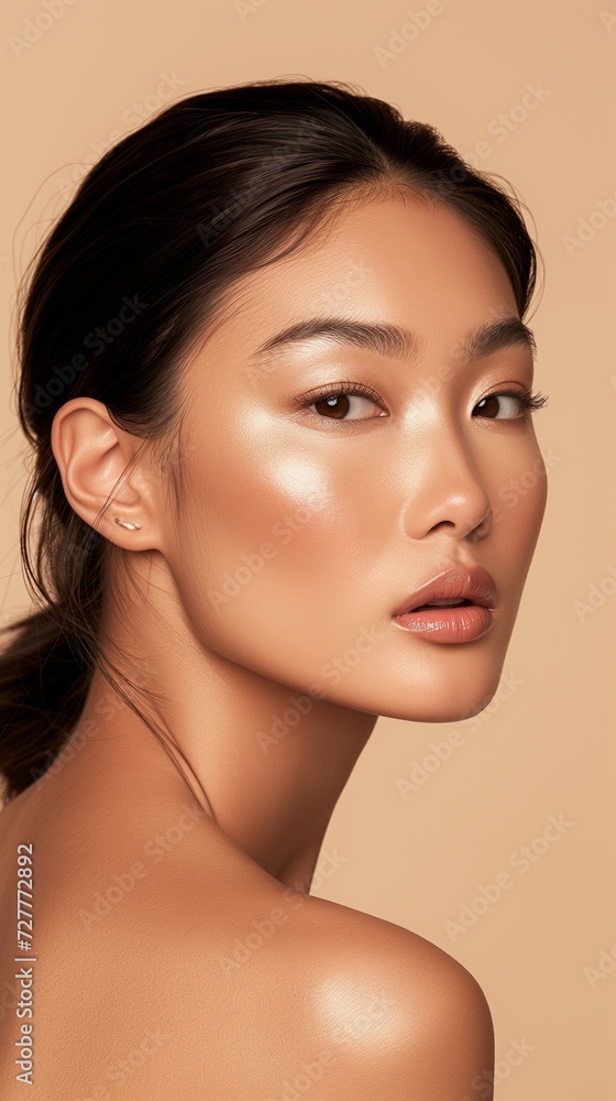 Naklejka premium Close-up portrait of a young Asian woman showcasing natural makeup and a subtle smile on a beige background.