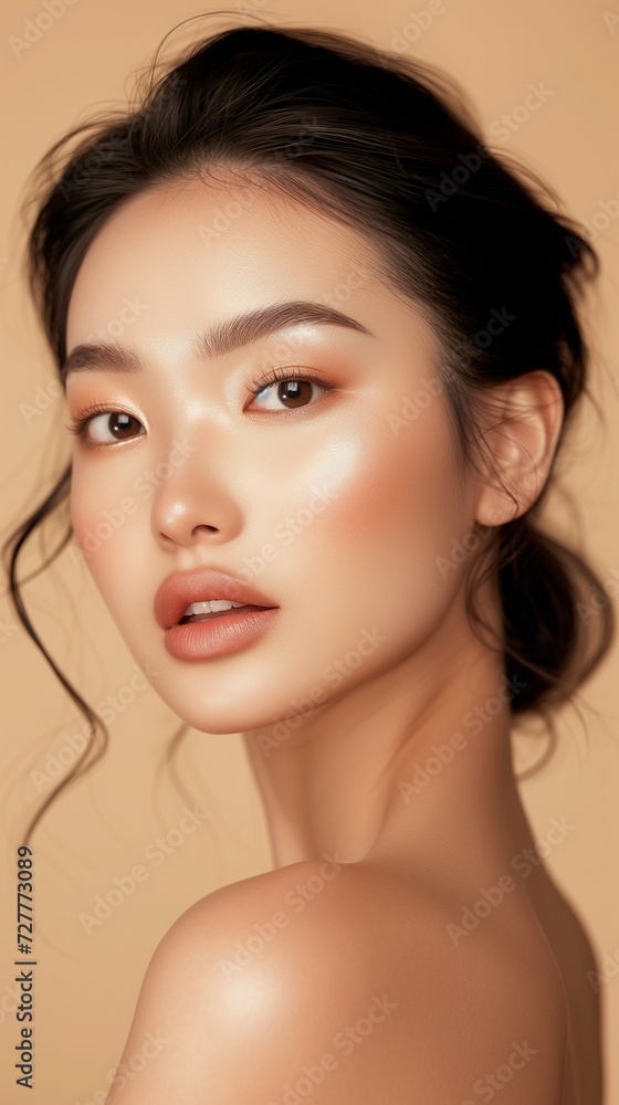 Close-up portrait of a young Asian woman showcasing natural makeup and a subtle smile on a beige background. Close-up portrait of a young Asian woman showcasing natural makeup and a subtle smile on a beige background.