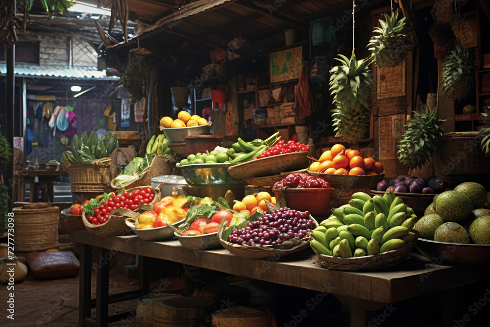 Experience the life-like vibrancy of a market bustling with realistically depicted fruits, vegetables, and vendors.