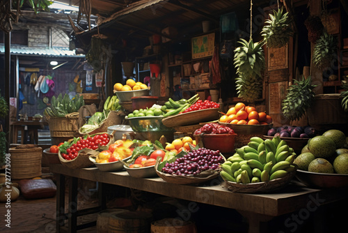 Experience the life-like vibrancy of a market bustling with realistically depicted fruits, vegetables, and vendors. © ckybe