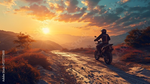 A skilled biker in full gear riding a powerful off-road motorcycle on a mountain road at sunset. 3D rendered backdrop. Motocross speed hobby adventure.
