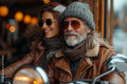A happy couple of two loving people in sunglasses against the background of the bokeh of the city smiles and enjoys life, and the beautiful faces of these women and men radiate a positive mood.