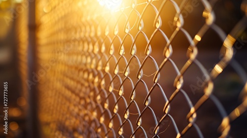 Sunlit steel mesh grid with detailed fence and illuminated background. photo