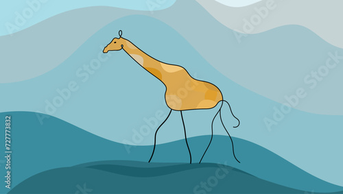 mauntin landscape with giraffe, flat color illustration 