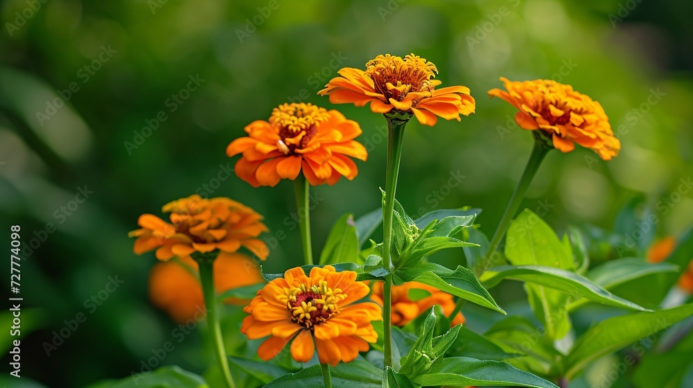 Gorgeous orange zinnias stand out against a lush green backdrop. Gorgeous orange zinnias stand out against a lush green backdrop.