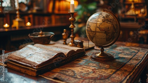 Vintage globe, map, and book in cabinet. Educational science and travel scene. Historical and geographical group. Antique globe and map combination.