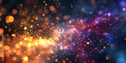 Energetic galaxy with blurred bokeh effect and colored particles on dark background.