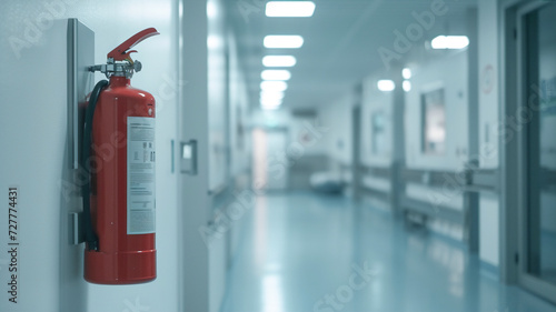 Fire extinguisher in hospital corridor .Install fire extinguisher on the wall . photo