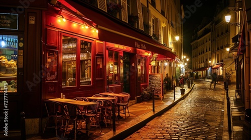 Eateries in the Latin district of Paris at night.