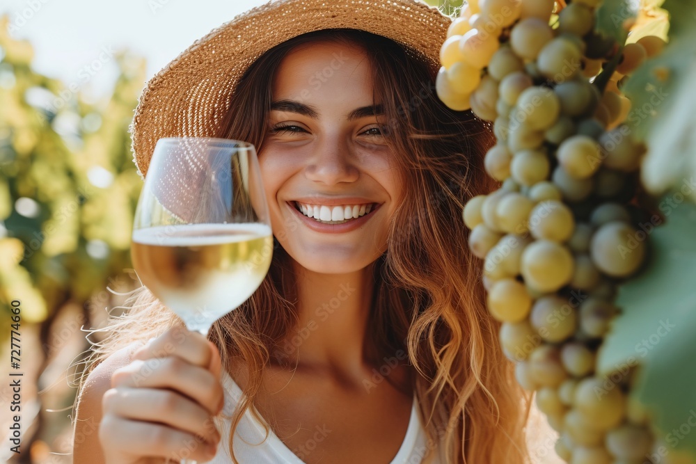 Happy lady with pearly whites savoring a glass of pale wine on a