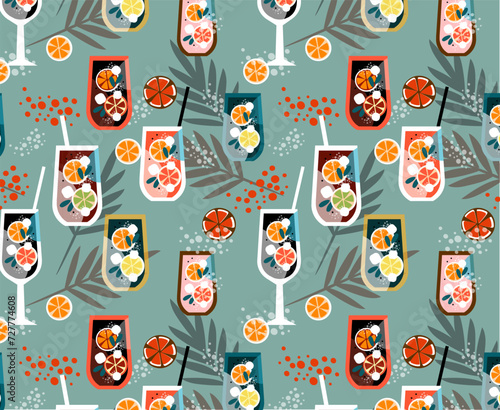 Seamless pattern wineglass Mocktail with orange. Non-alcoholic cocktail with citrus fruits and mint. Beach kitchen. Cool summer drinks. Vector illustration in the flat style.
