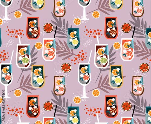 Seamless pattern wineglass Mocktail with orange. Non-alcoholic cocktail with citrus fruits and mint. Beach kitchen. Cool summer drinks. Vector illustration in the flat style.