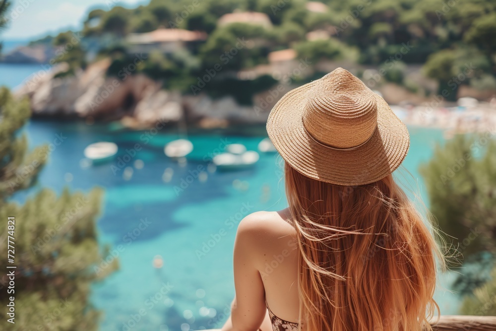 Summer vacation in France. Rear view of young lady with lengthy hair and cap in C√¥te d'Azur.
