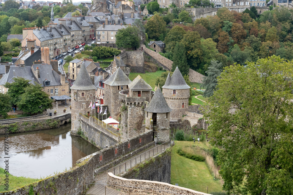 stonework of an aged medieval castle, the Chateau de Fougeres, France