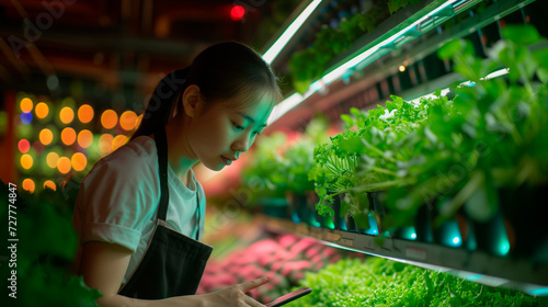 Young woman scientist holding laptop computer analyzes and studies research in organic, hydroponic vegetables plots growing on indoor vertical farm.Generative AI
