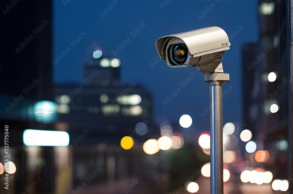 Closeup of modern public cctv camera on cityscape background. Cameras record for monitoring activities throughout the day and night. Surveillance and security, supervision, monitoring concept. Closeup of modern public cctv camera on cityscape background. Cameras record for monitoring activities throughout the day and night. Surveillance and security, supervision, monitoring concept.