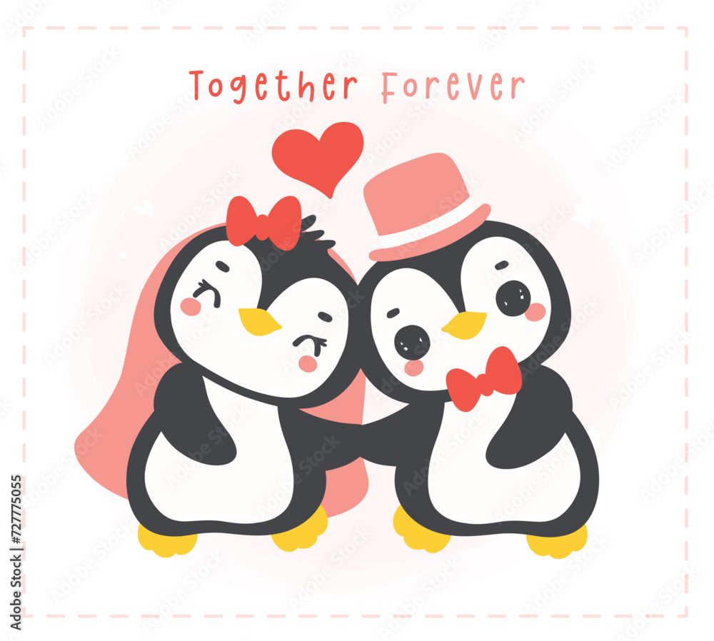 Fototapeta premium Loveable Valenntine penguin couple holding hand in a wedding theme hand drawn cartoon, perfect for romantic greetings.