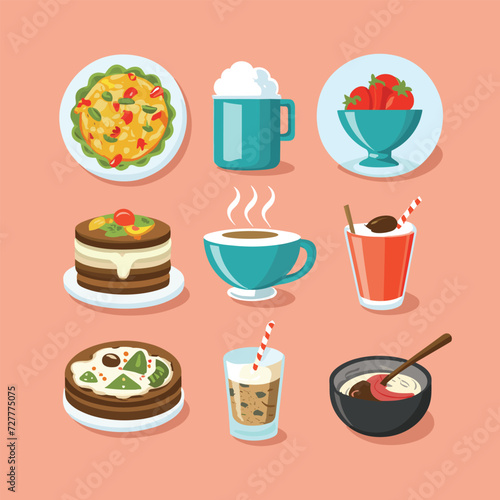 Set of food dish and beverages