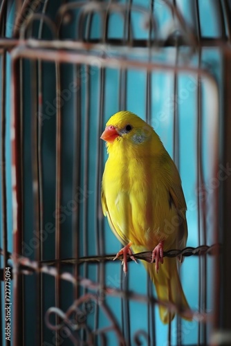 A cute bright yellow canary bird in its cage. Generative AI